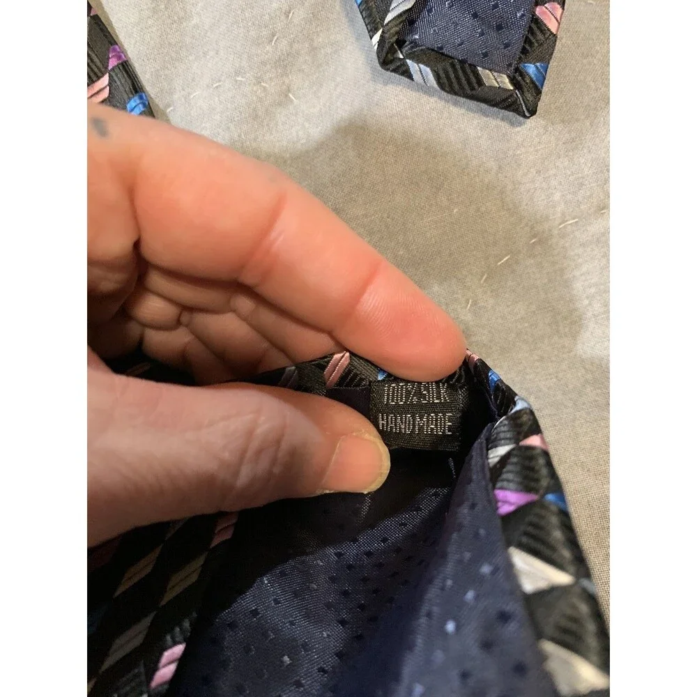 Kai Long Men's Pink Purple Black Geometric Abstract NeckTie 100% Silk Handmade
